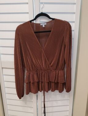 Rust Brown Pleated Wrap Peplum Top